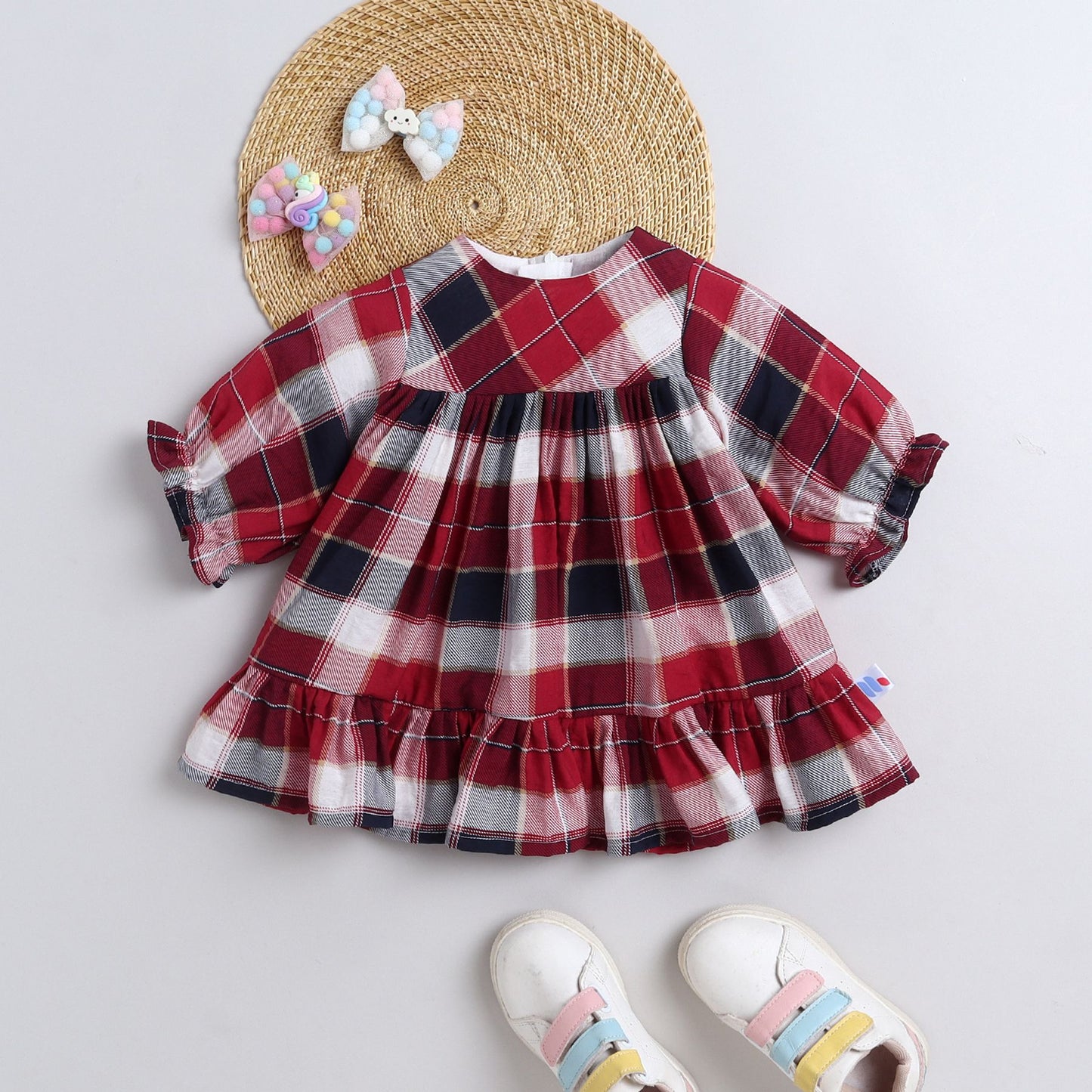 Many Frocks & Cotton Short Sleeves Checks Printed Knee Length Flared A Line  Girls Christmas Casual  Dress -Maroon