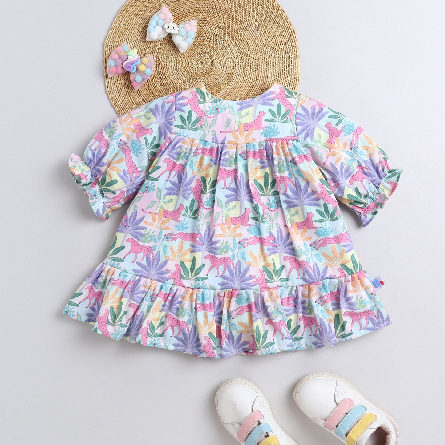 Many Frocks & Cotton Short Sleeves Floral Printed Knee Length Flared A Line  Girls Christmas Casual  Dress -Multi