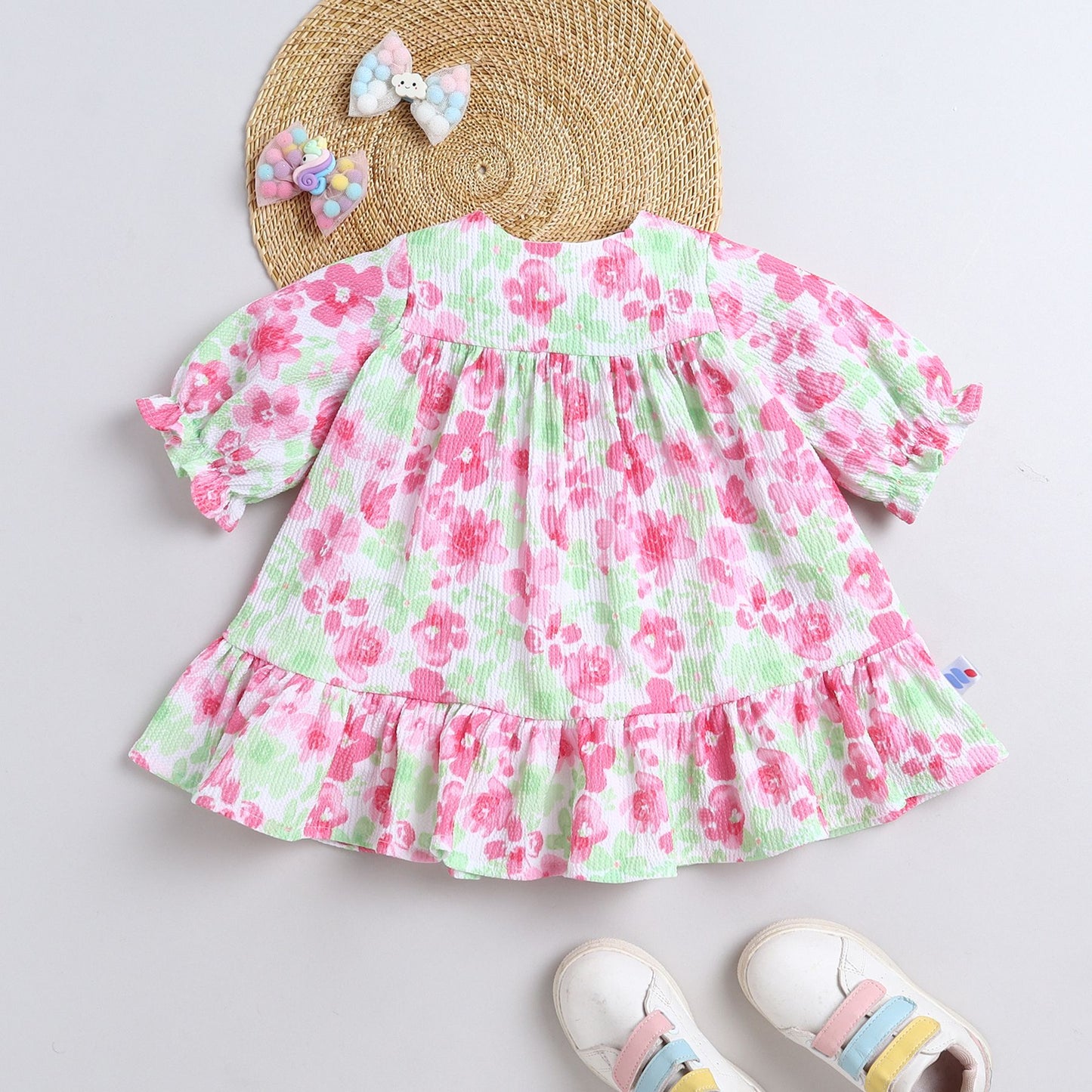 Many Frocks & Short Sleeves Floral Printed Knee Length Flared A Line  Girls Christmas Casual  Dress -Pink