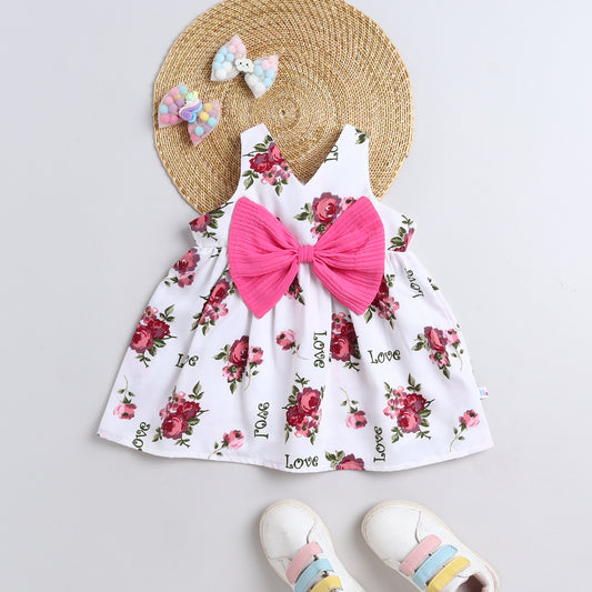 Many Frocks & Sleeveless Bow Embellished Floral Printed Knee Length Flared A Line  Girls  Casual Dress -White&Pink
