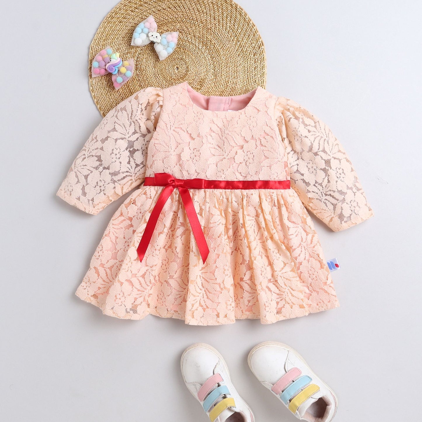 Many Frocks & Cotton Net Short Sleeves Lace Embellished Knee Length Girls Party Dress - Peach