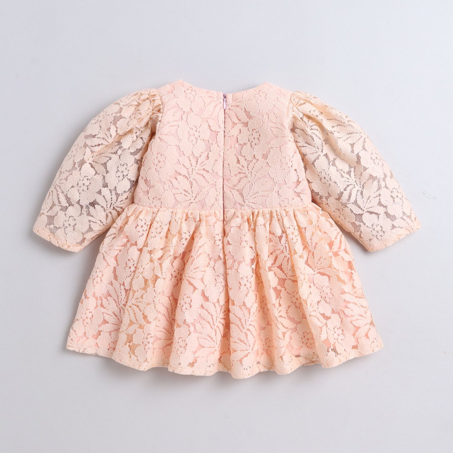 Many Frocks & Cotton Net Short Sleeves Lace Embellished Knee Length Girls Party Dress - Peach