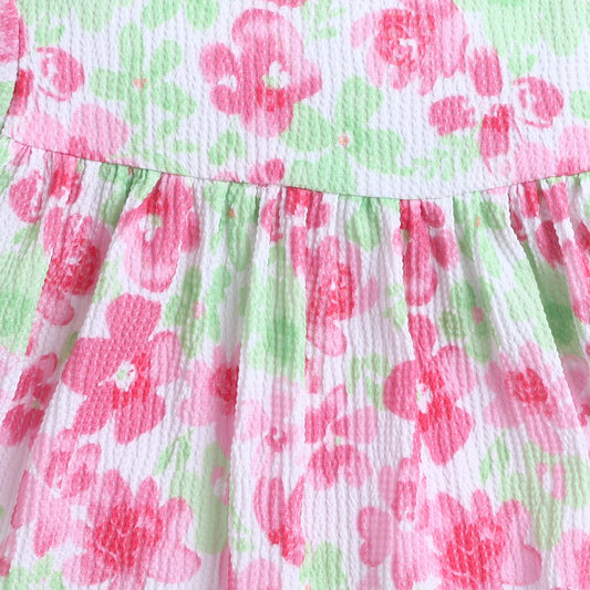 Many Frocks & Short Sleeves Floral Printed Knee Length Flared A Line Girls Christmas Casual Dress -Pink