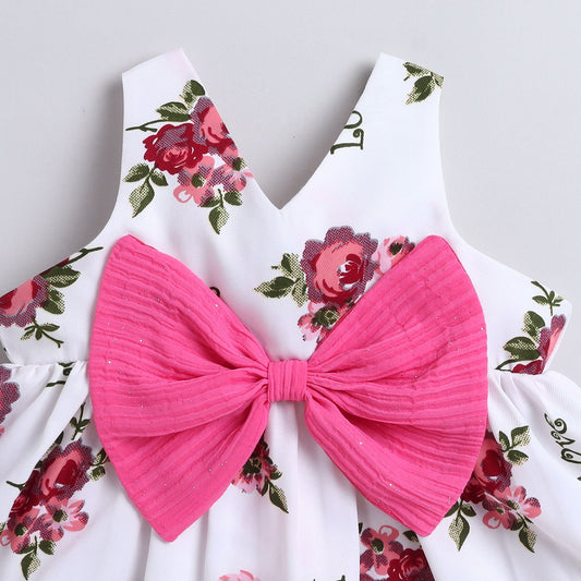 Many Frocks & Sleeveless Bow Embellished Floral Printed Knee Length Flared A Line Girls Casual Dress -White&Pink