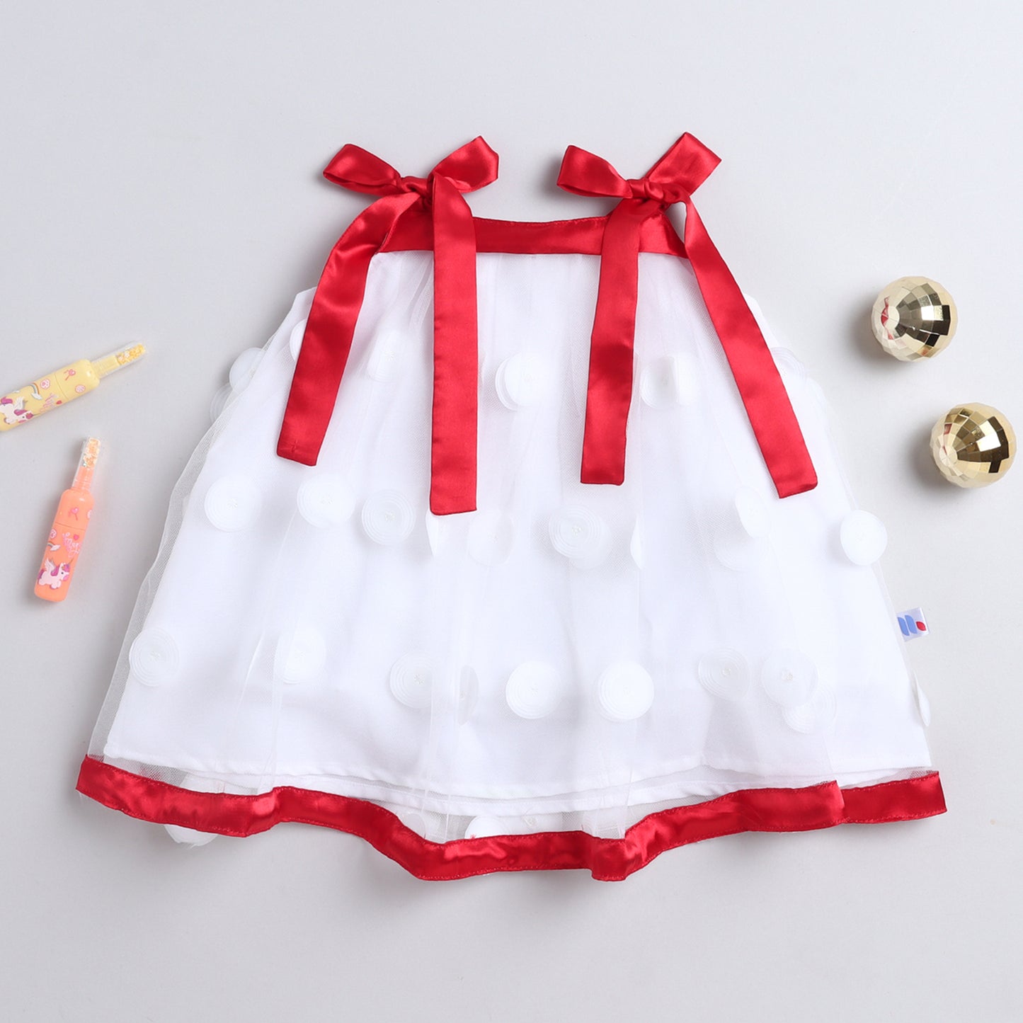 Many Frocks & Net Sleeveless 3D ruffle embellished knee length Aline Girls Christmas Party Dress - White