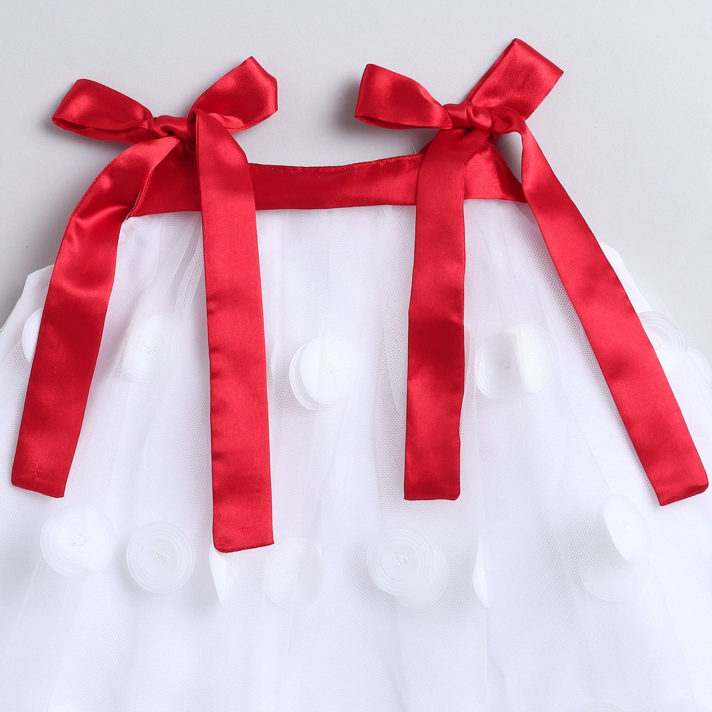 Many Frocks & Net Sleeveless 3D ruffle embellished knee length Aline Girls Christmas Party Dress - White