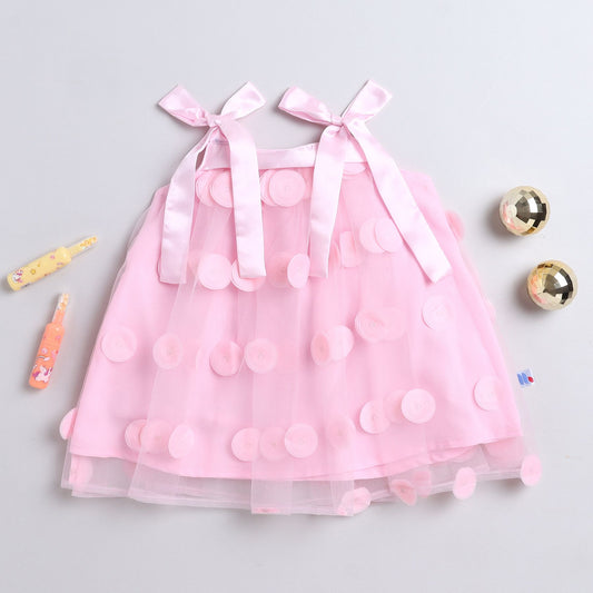 Many Frocks & Net Sleeveless 3D ruffle embellished knee length Aline Girls Christmas Party Dress - Pink