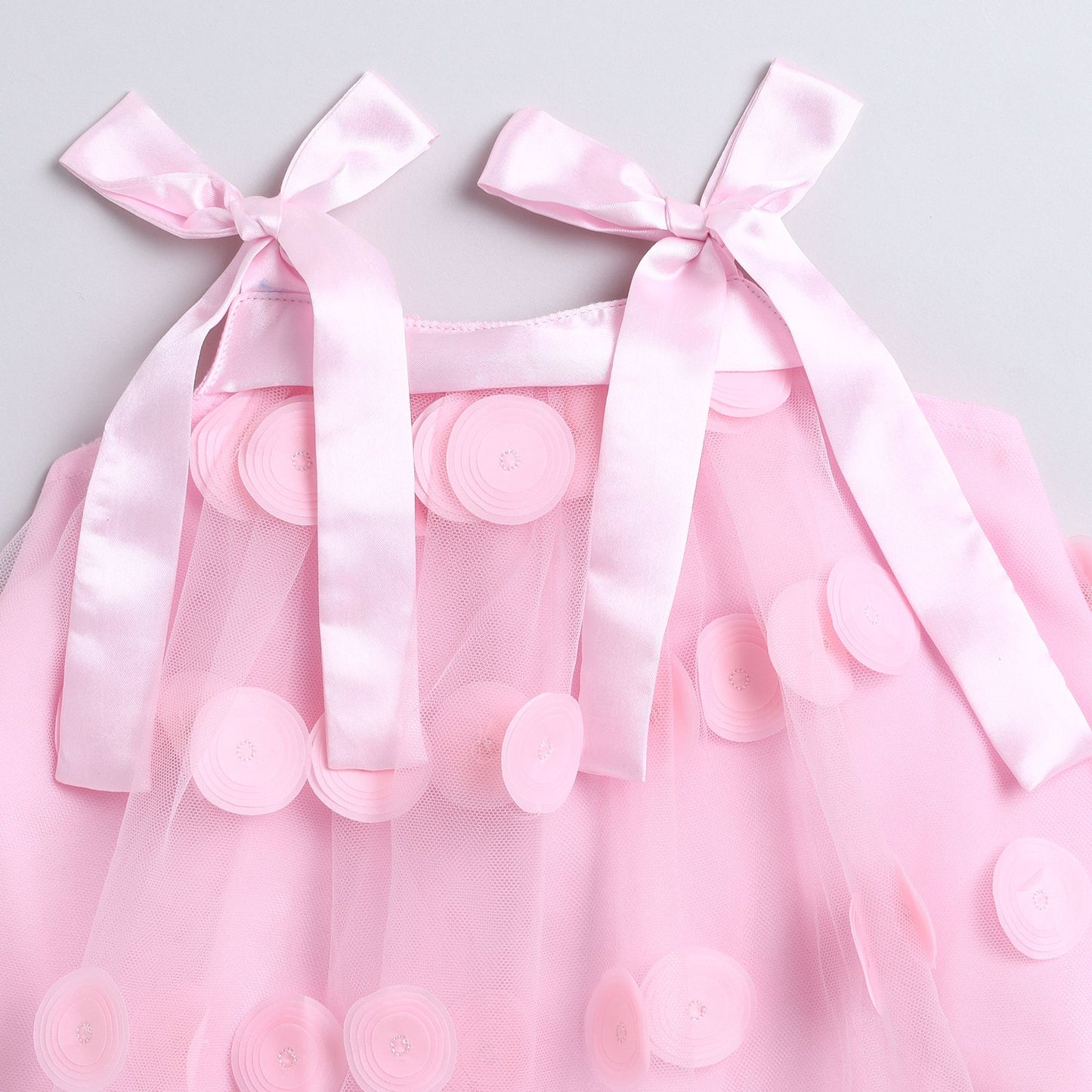 Many Frocks & Net Sleeveless 3D ruffle embellished knee length Aline Girls Christmas Party Dress - Pink