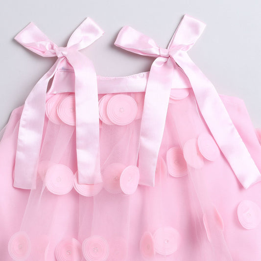 Many Frocks & Net Sleeveless 3D ruffle embellished knee length Aline Girls Christmas Party Dress - Pink