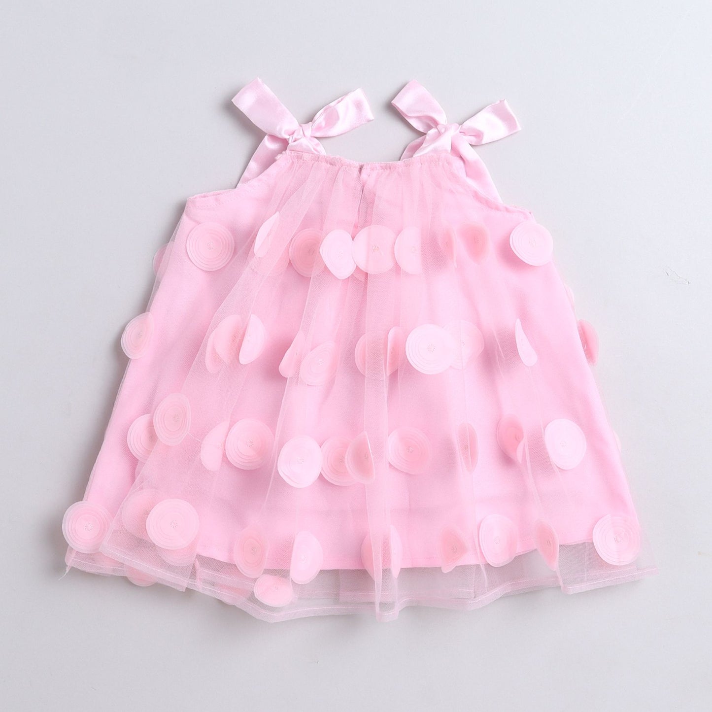 Many Frocks & Net Sleeveless 3D ruffle embellished knee length Aline Girls Christmas Party Dress - Pink