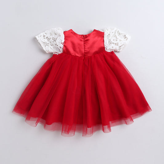 Many Frocks & Net sleeveless big bow embellished baby party dress  mittens  booties and headband gift set - Red & White