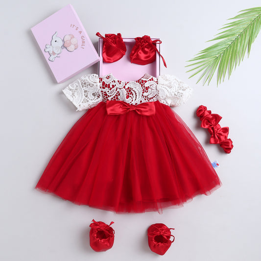 Many Frocks & Net sleeveless big bow embellished baby party dress  mittens  booties and headband gift set - Red & White