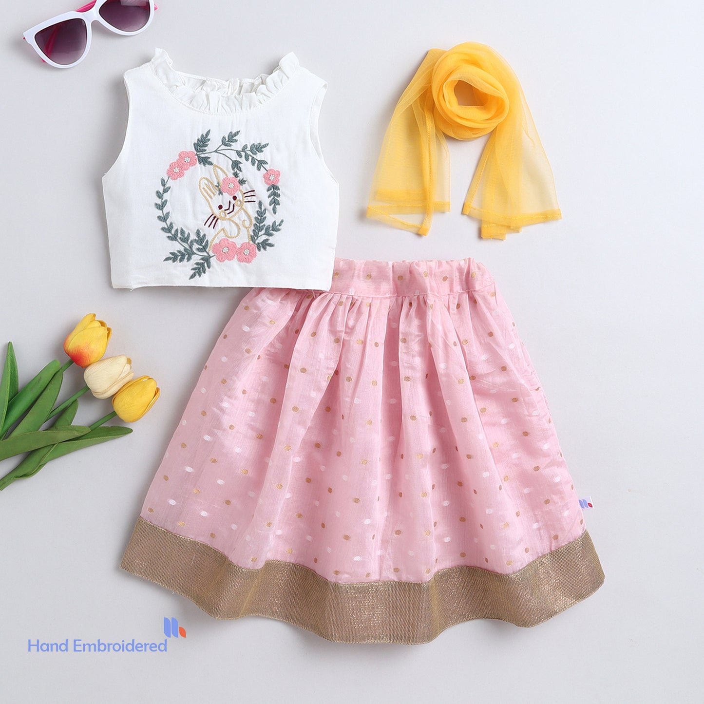 Many Frocks & Chanderi Sleeveless Rabbit Hand Embroidered Choli Lengha Dupatta Set - White & Pink