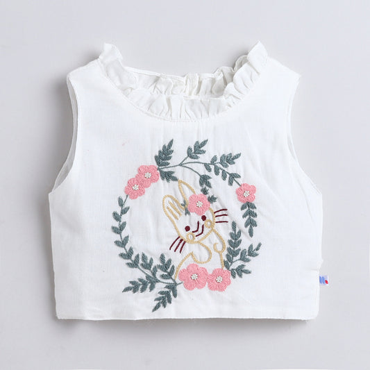 Many Frocks & Chanderi Sleeveless Rabbit Hand Embroidered Choli Lengha Dupatta Set - White & Pink