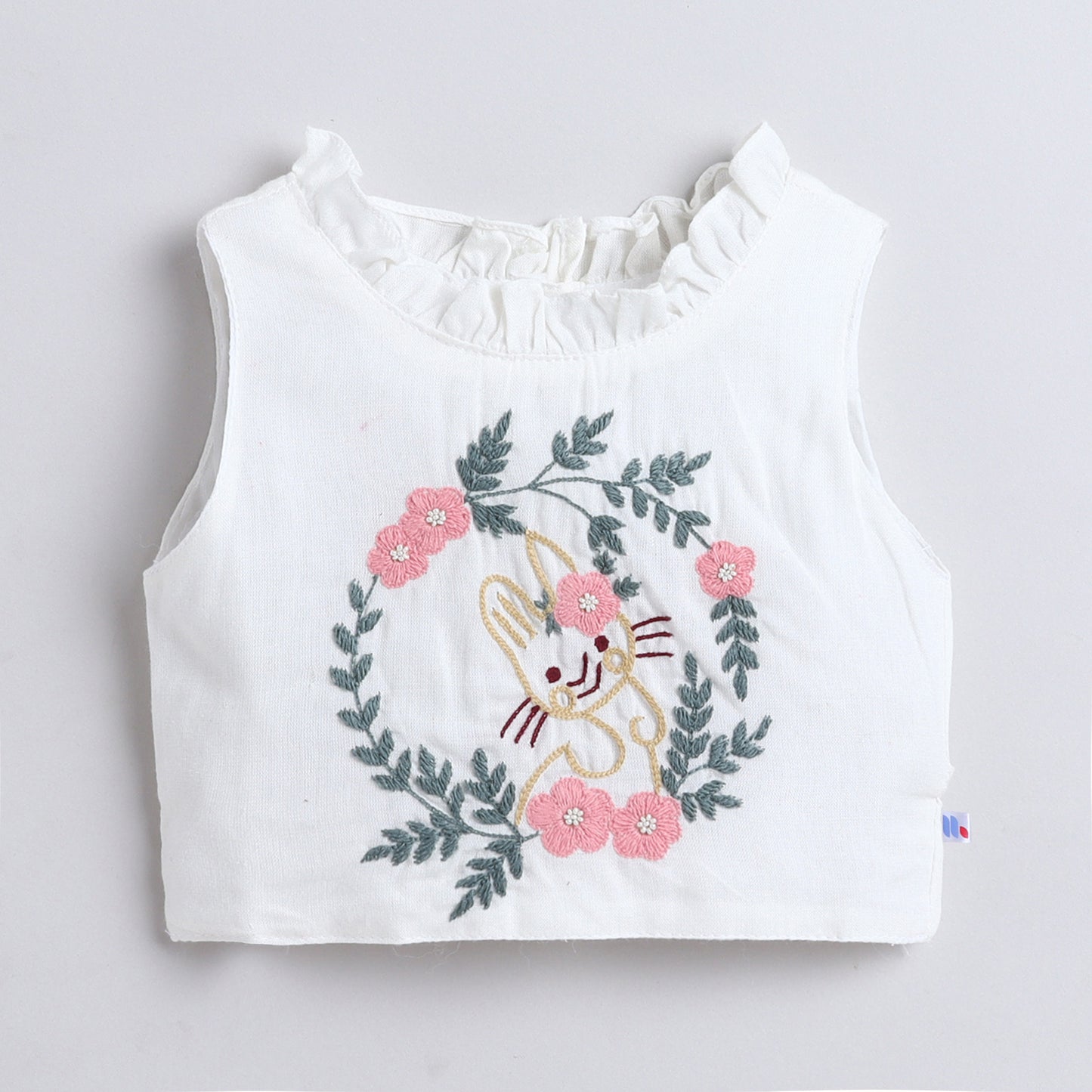 Many Frocks & Chanderi Sleeveless Rabbit Hand Embroidered Choli Lengha Dupatta Set - White & Pink