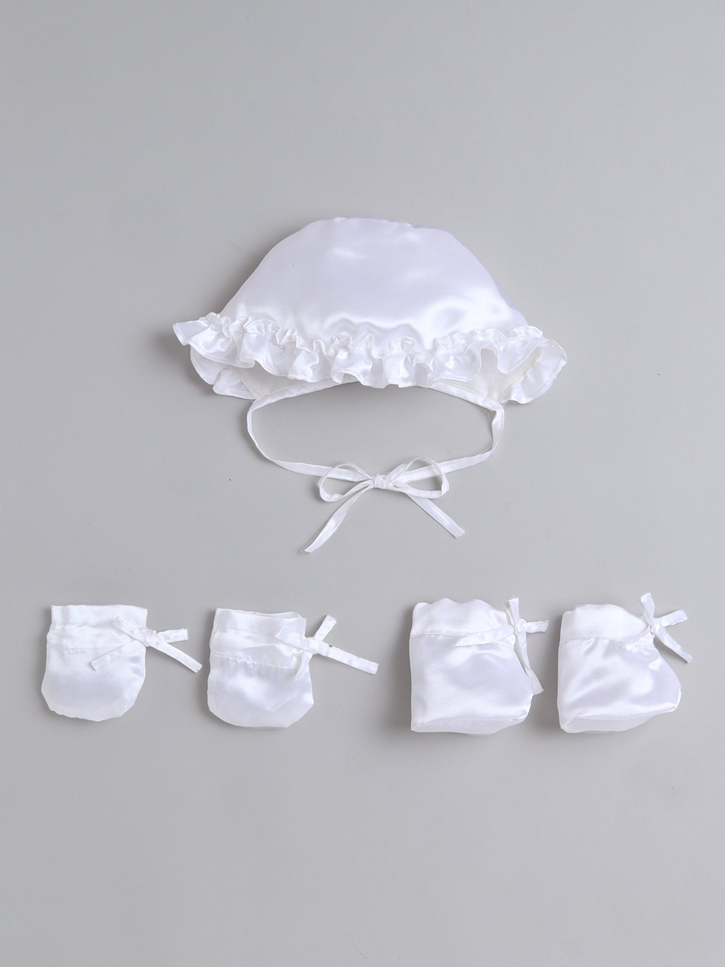 Many Frocks & Net Short Sleeve Bow Embellished Knee Length Baby Gifting set Mittens Booties and Cap  - Gold & White