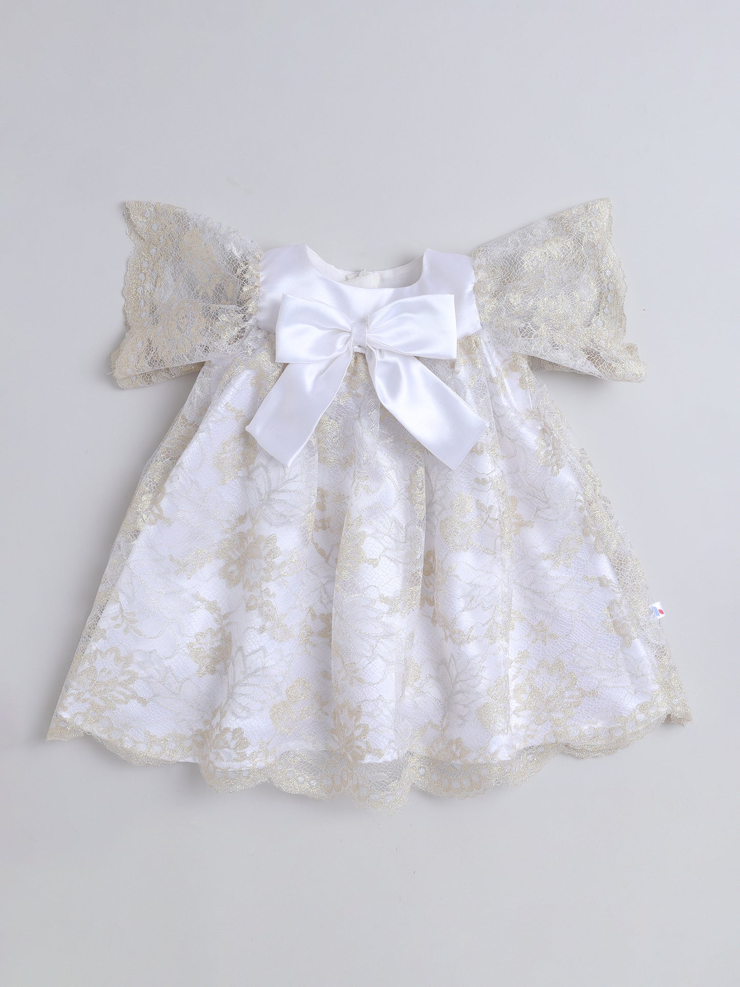 Many Frocks & Net Short Sleeve Bow Embellished Knee Length Baby Party Dress - Gold & White