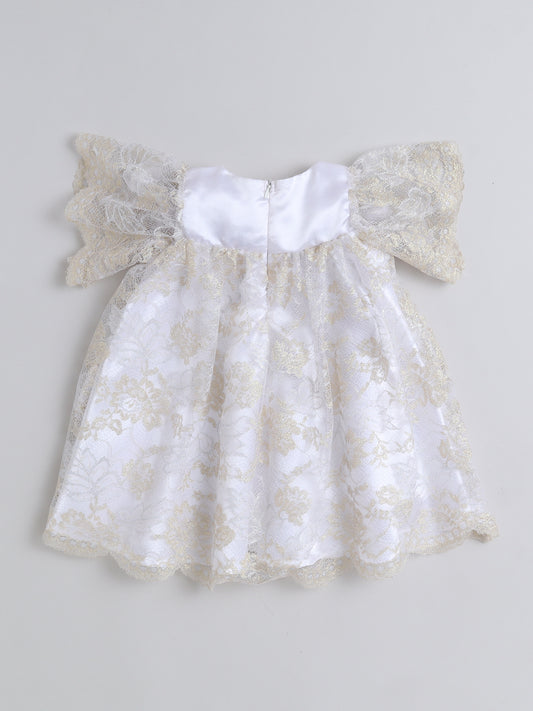 Many Frocks & Net Short Sleeve Bow Embellished Knee Length Baby Gifting set Mittens Booties and Cap - Gold & White