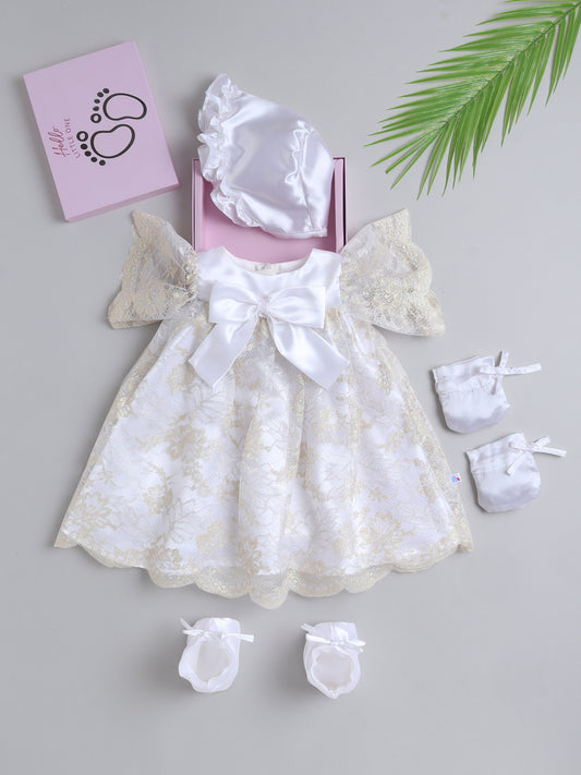 Many Frocks & Net Short Sleeve Bow Embellished Knee Length Baby Gifting set Mittens Booties and Cap  - Gold & White