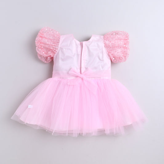 Many Frocks & Net Balloon Sleeve Embroidered Body and Bow Embellished Party Dress - Pink