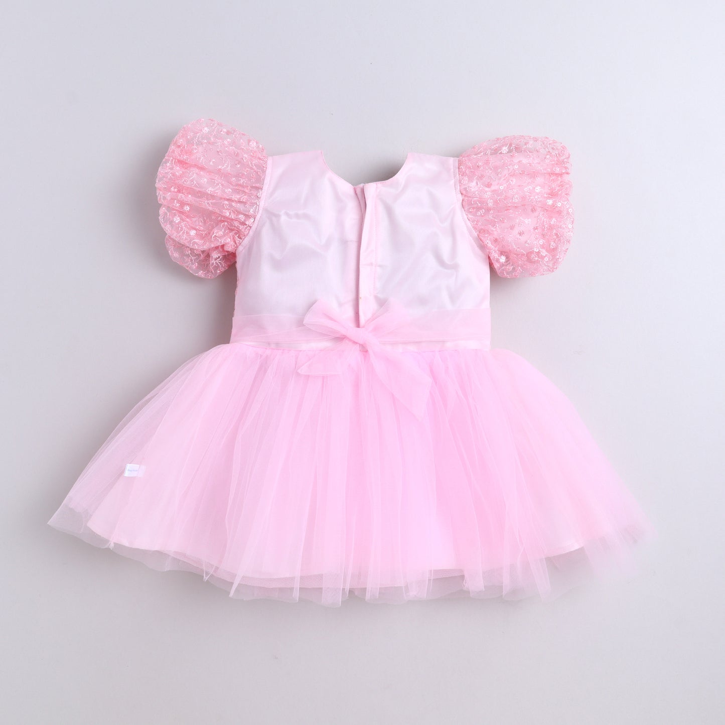 Many Frocks & Net Balloon Sleeve Embroidered Body and Bow Embellished Party Dress - Pink