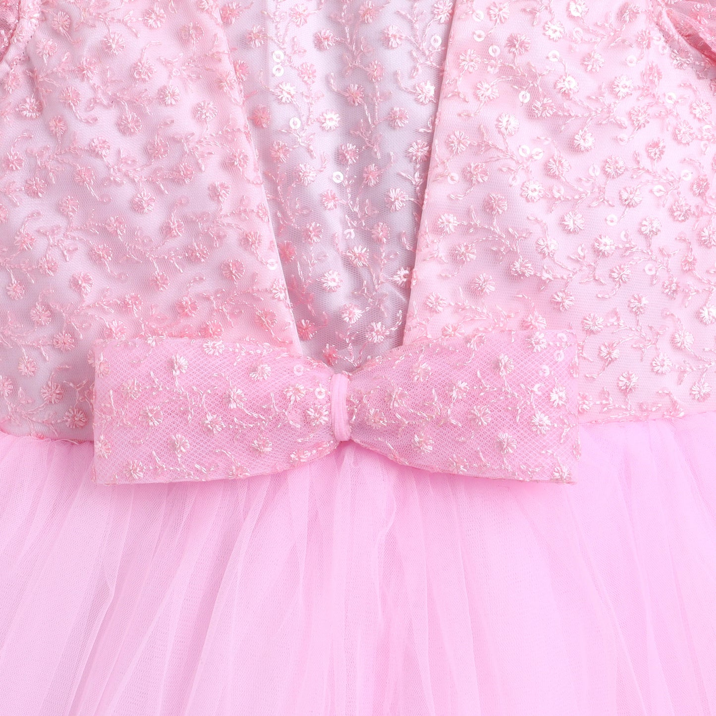 Many Frocks & Net Balloon Sleeve Embroidered Body and Bow Embellished Party Dress - Pink