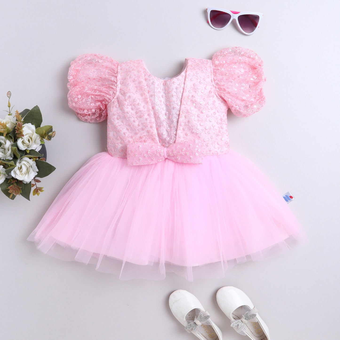 Many Frocks & Net Balloon Sleeve Embroidered Body and Bow Embellished Party Dress - Pink