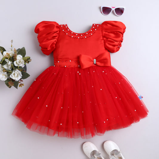 Many Frocks & Net Balloon  Sleeve Bow and Pearl Embellished Party Dress - Red
