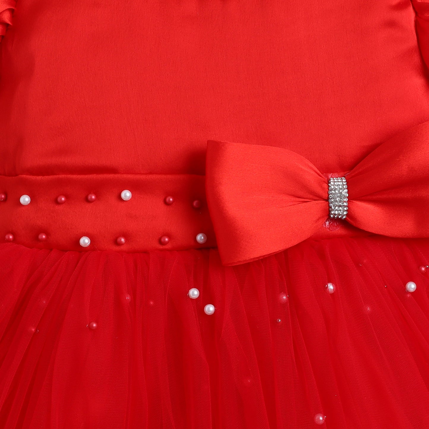 Many Frocks & Net Balloon  Sleeve Bow and Pearl Embellished Party Dress - Red