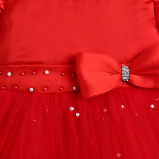 Many Frocks & Net Balloon  Sleeve Bow and Pearl Embellished Party Dress - Red