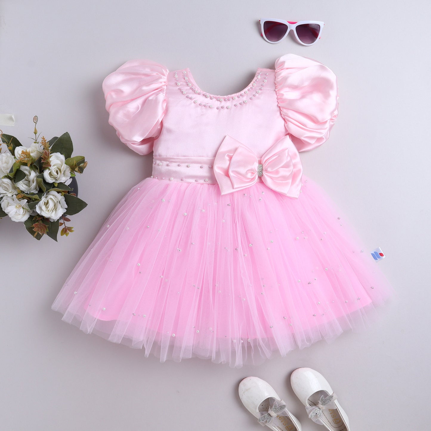 Many Frocks & Satin Balloon  Sleeve Double Bow and Pearl Embellished Party Dress - Pink