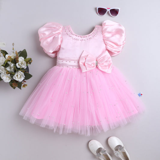 Many Frocks & Satin Balloon  Sleeve Double Bow and Pearl Embellished Party Dress - Pink