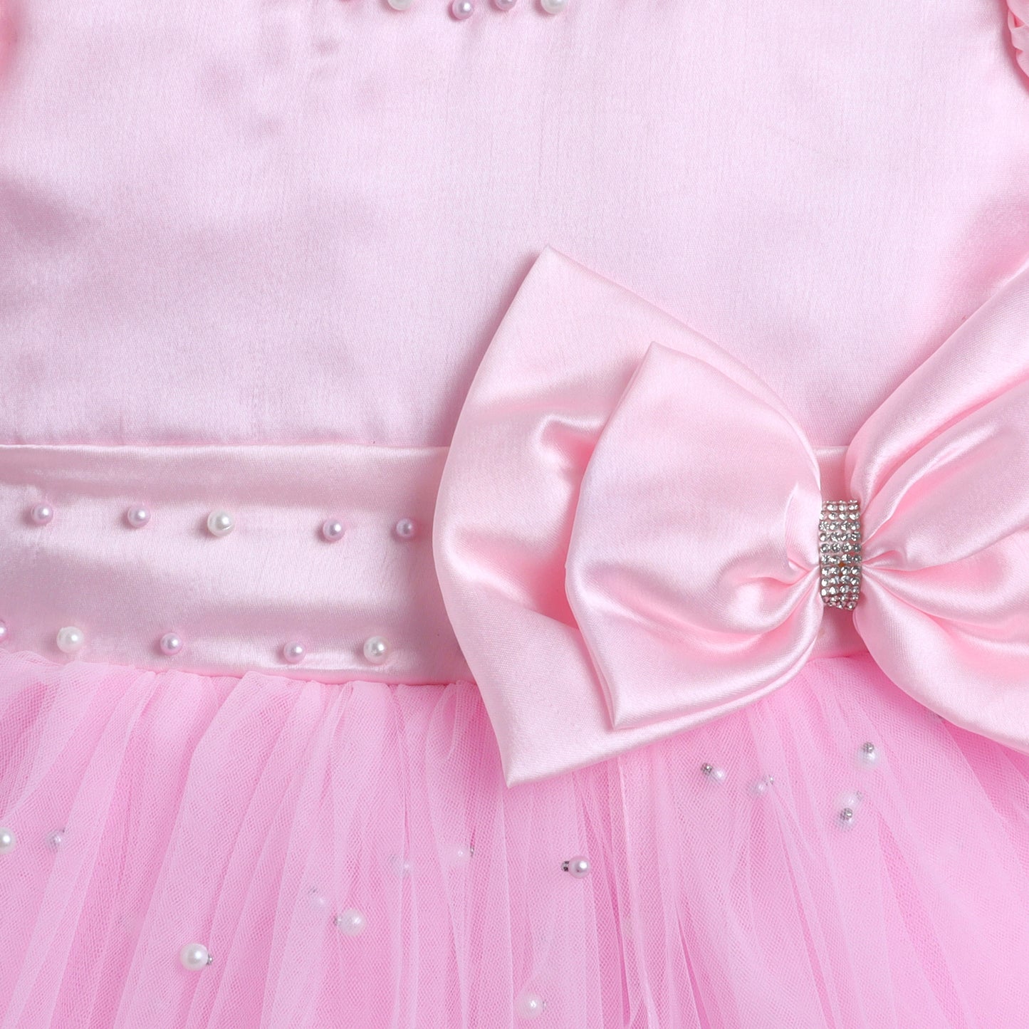 Many Frocks & Satin Balloon  Sleeve Double Bow and Pearl Embellished Party Dress - Pink