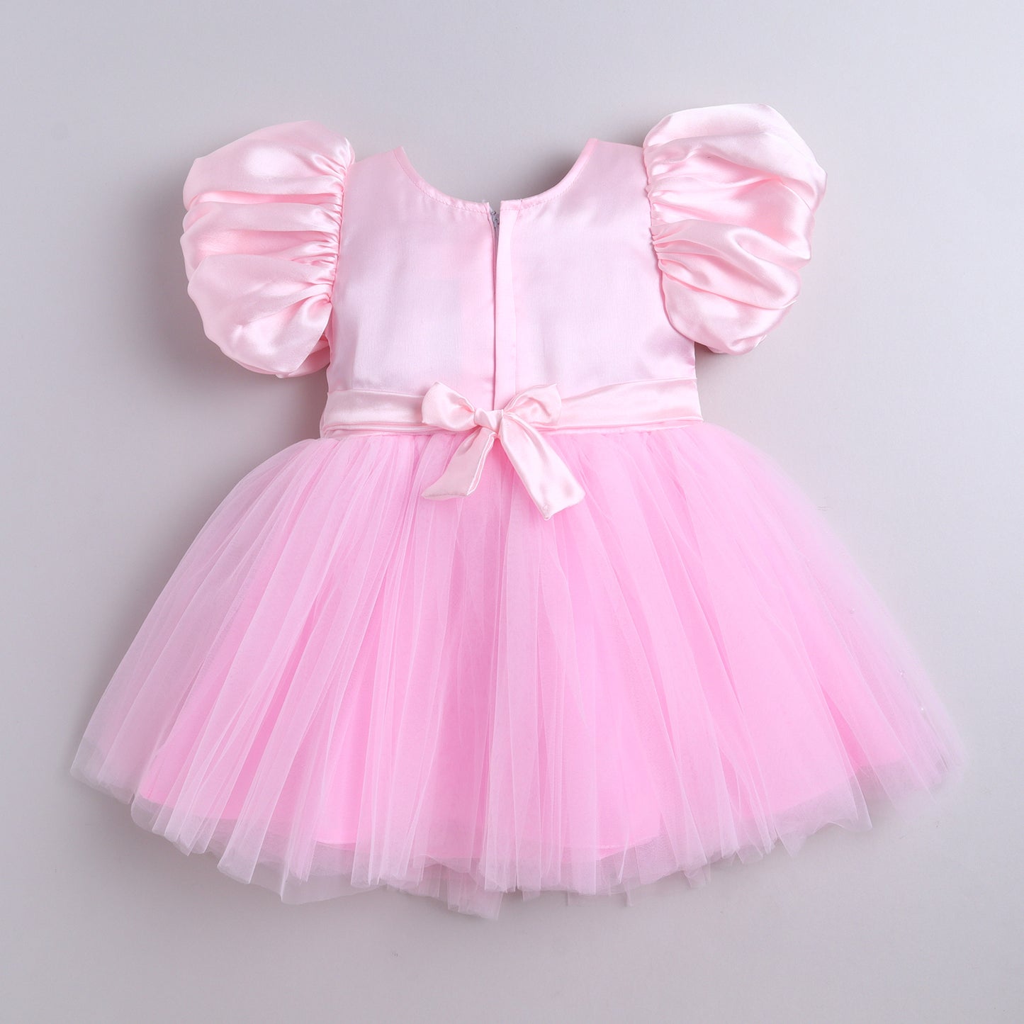 Many Frocks & Satin Balloon  Sleeve Double Bow and Pearl Embellished Party Dress - Pink