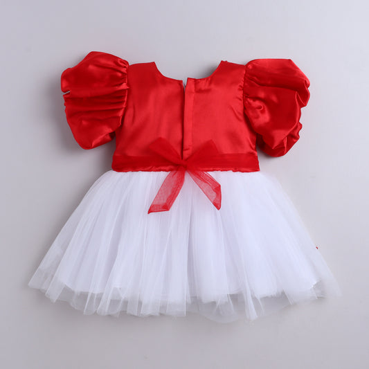 Many Frocks & Satin Balloon Sleeve Double Bow and Pearll Embellished Party Dress - Red & White