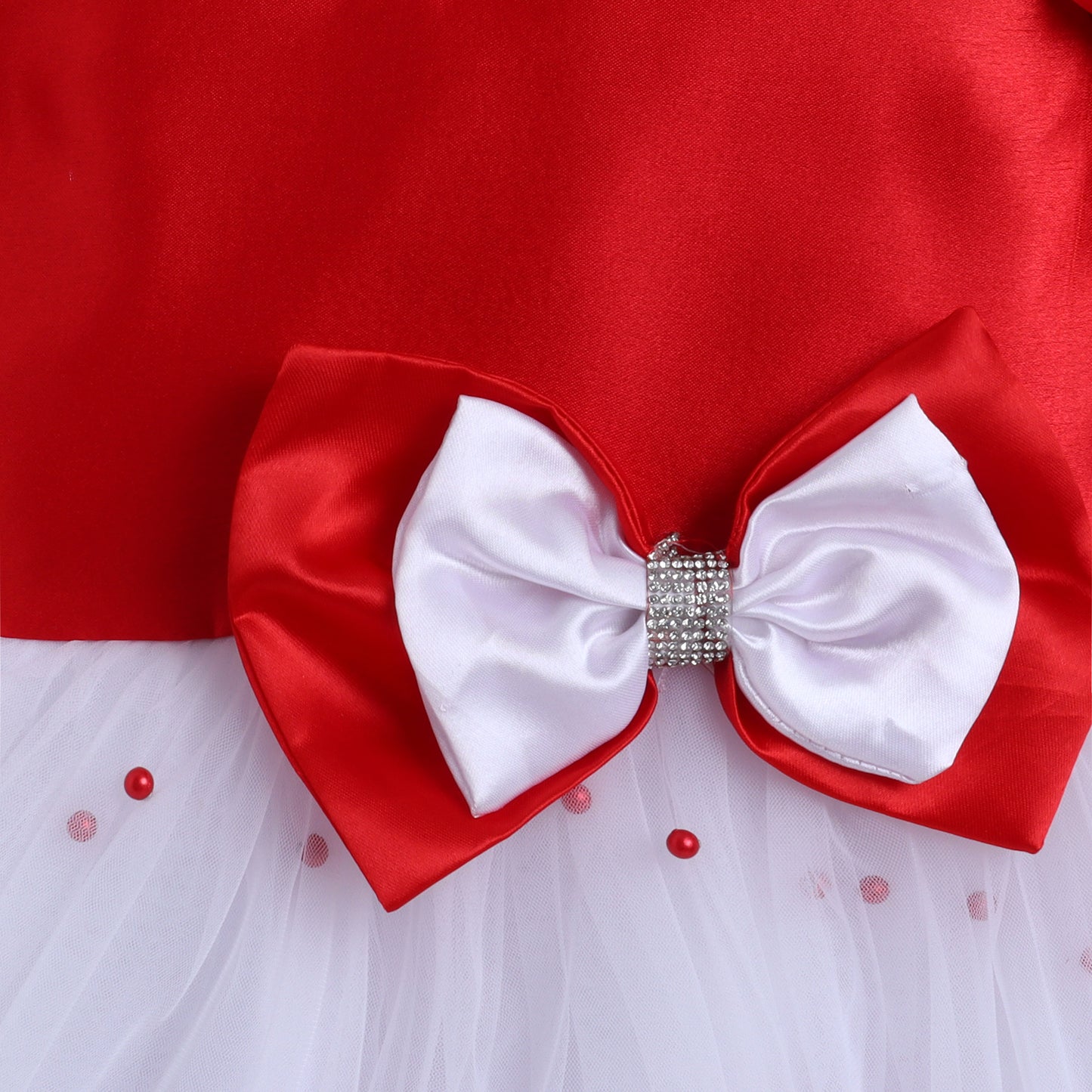 Many Frocks & Satin Balloon  Sleeve Double Bow and Pearll Embellished Party Dress - Red & White