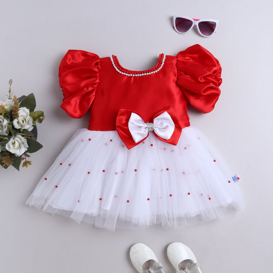 Many Frocks & Satin Balloon  Sleeve Double Bow and Pearll Embellished Party Dress - Red & White