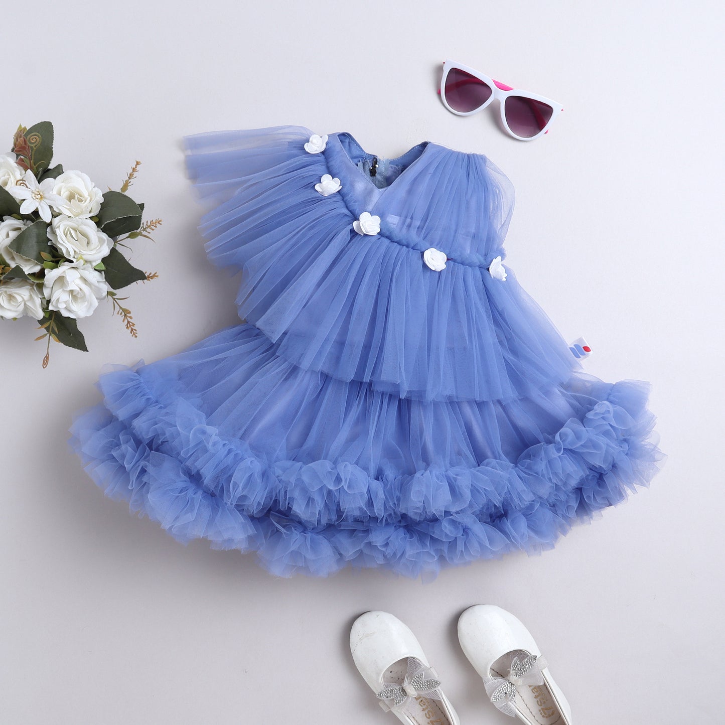 Many Frocks & Net Sleeveless Rose Embellished Party Dress - Blue
