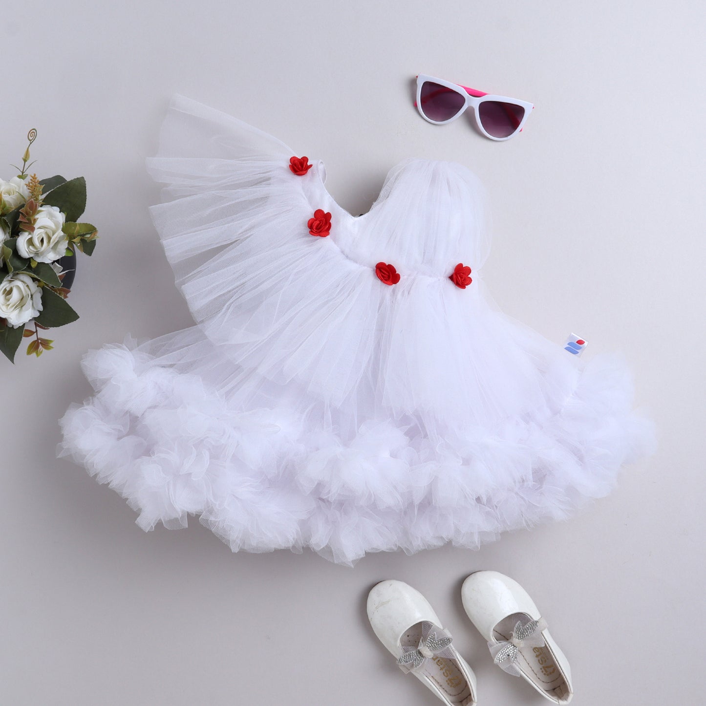 Many Frocks & Net Sleeveless Rose Embellished Party Dress - White