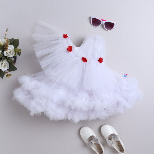 Many Frocks & Net Sleeveless Rose Embellished Party Dress - White