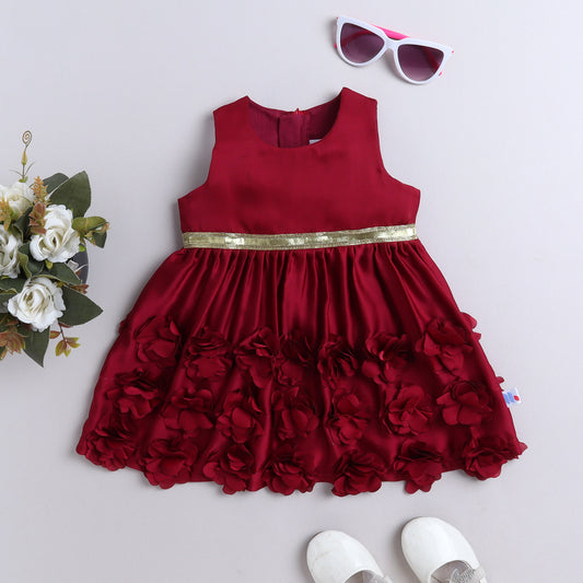 Many Frocks & Satin Sleeveless 3D Flower Lace Embellished  Party Dress-Maroon