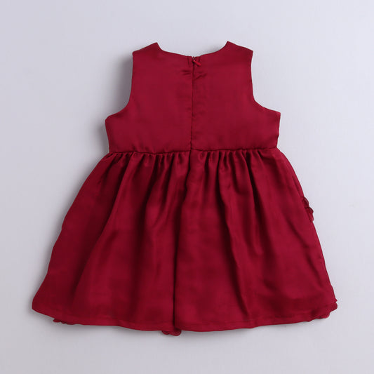 Many Frocks & Satin Sleeveless 3D Flower Lace Embellished  Party Dress-Maroon