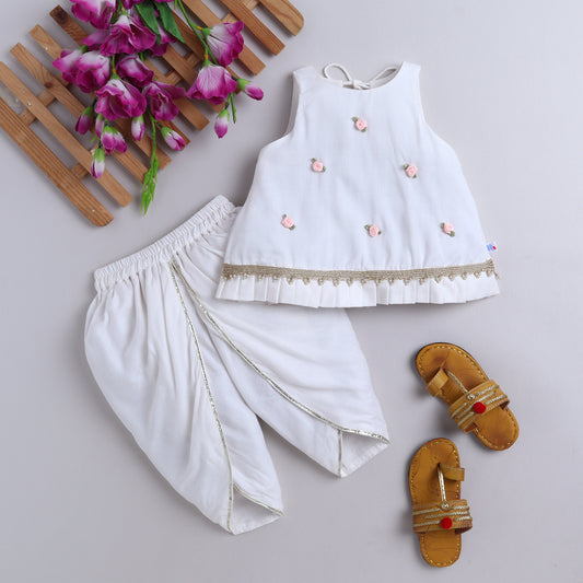 Many Frocks & Rayon Sleeveless Rose and Lace Embellished Ethnic Dhoti Top-Cream