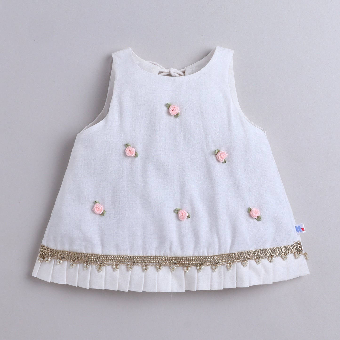 Many Frocks & Rayon Sleeveless Rose and Lace Embellished Ethnic Dhoti Top-Cream