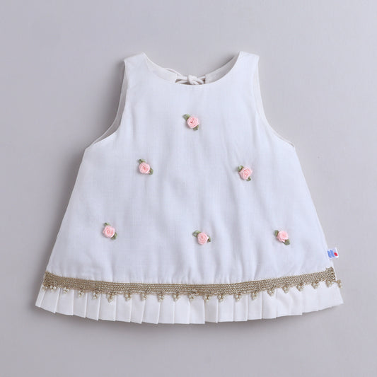 Many Frocks & Rayon Sleeveless Rose and Lace Embellished Ethnic Dhoti Top-Cream