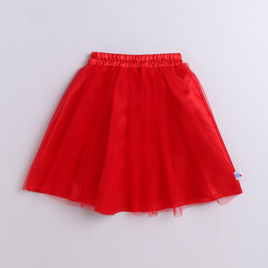 Many Frocks & Net Satin Sleeveless Pleated Lehenga and Choli Dupatta with Flamingo handwork patch -Red