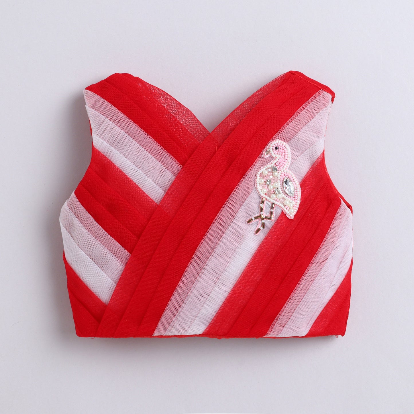 Many Frocks & Net Satin Sleeveless Pleated Lehenga and Choli Dupatta with Flamingo handwork patch -Red