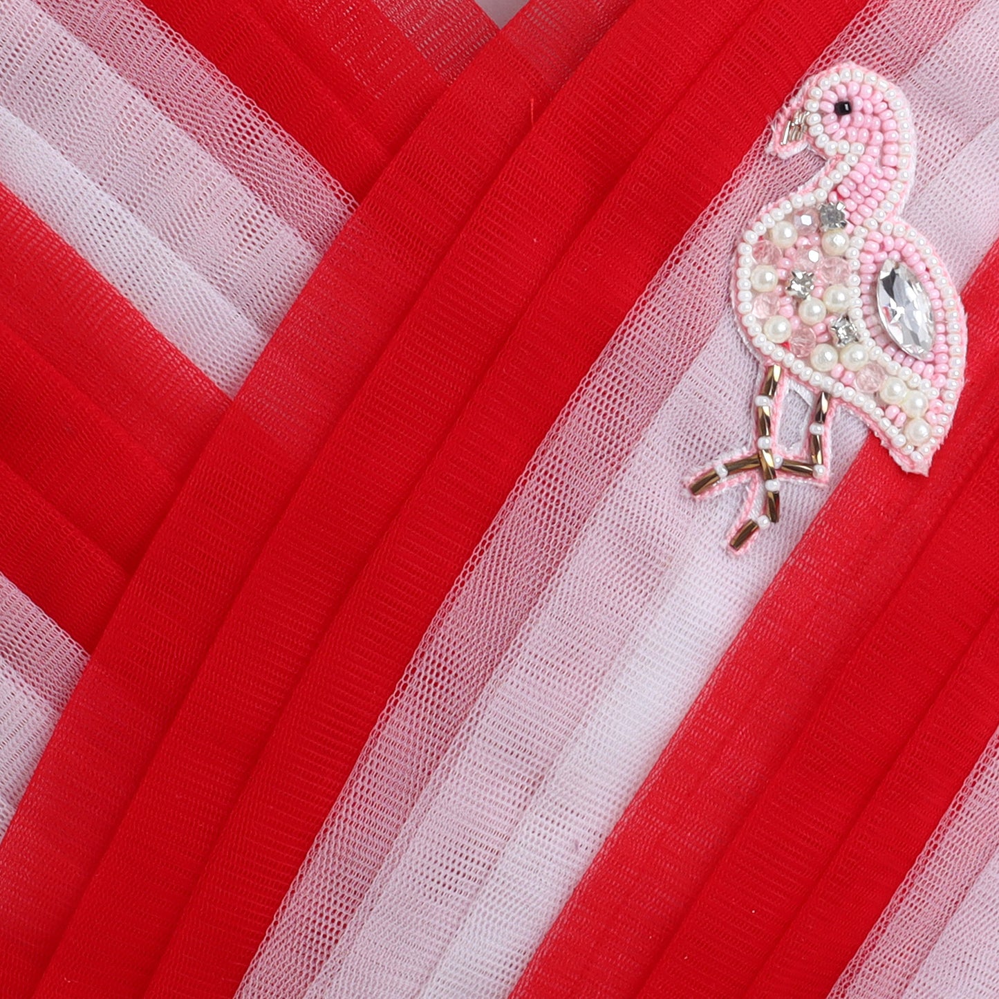 Many Frocks & Net Satin Sleeveless Pleated Lehenga and Choli Dupatta with Flamingo handwork patch -Red