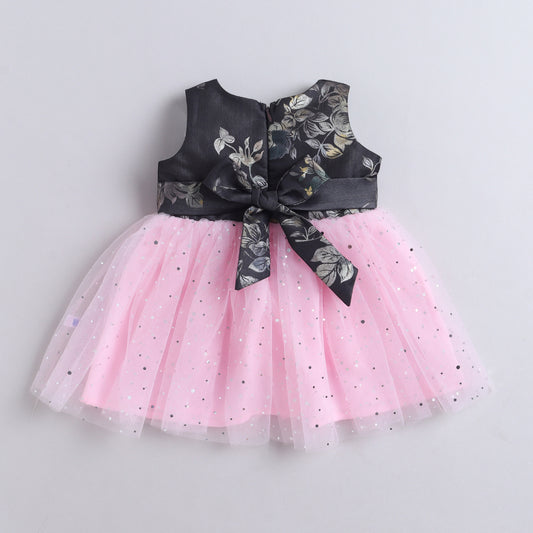 Many Frocks & Sequin Net Sleeveless Foil Printed Bow Embellished Knee Length Baby Party Dress-Pink & Grey