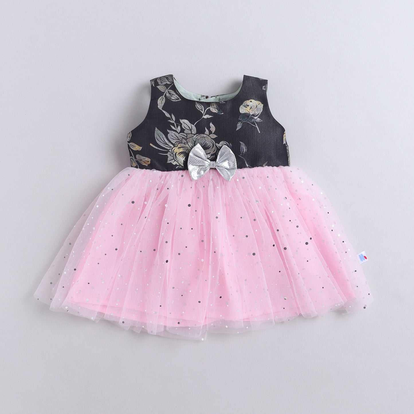 Many Frocks & Sequin Net Sleeveless Foil Printed Bow Embellished Knee Length Baby Party Dress-Pink & Grey